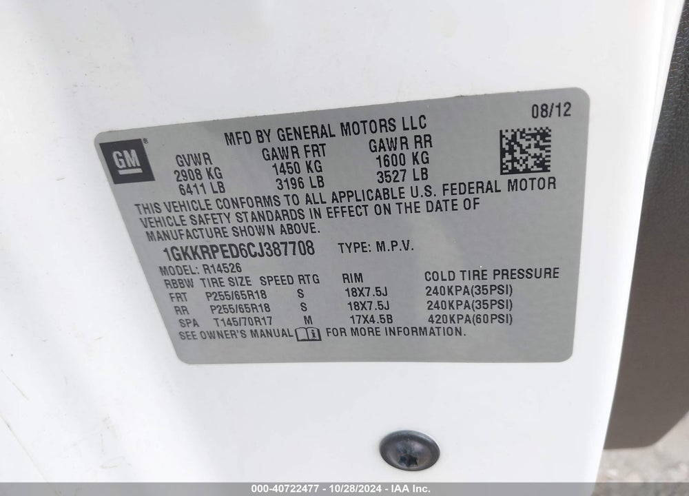 2012 GMC ACADIA SLE VIN: 1GKKRPED6CJ387708