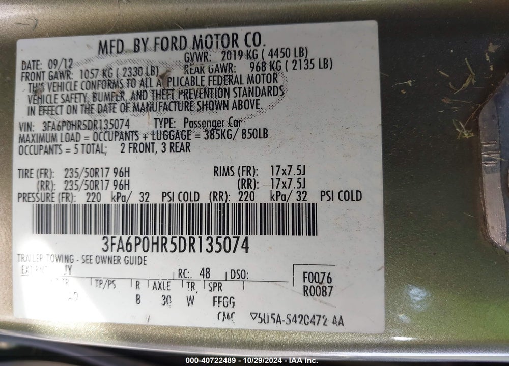 2013 FORD FUSION SE VIN: 3FA6P0HR5DR135074