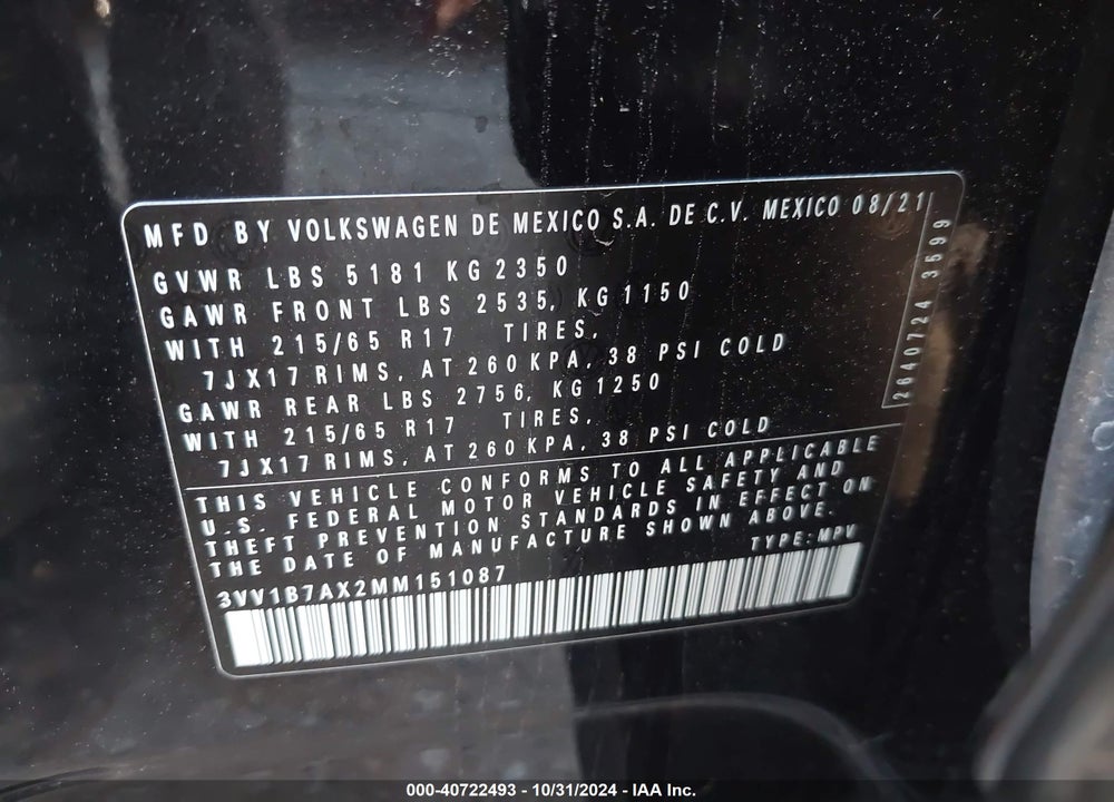 2021 VOLKSWAGEN TIGUAN VIN: 3VV1B7AX2MM151087