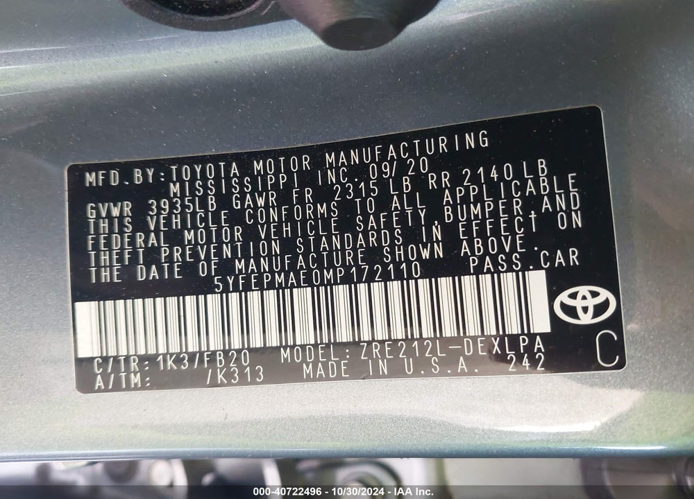 2021 TOYOTA COROLLA LE VIN: 5YFEPMAE0MP172110