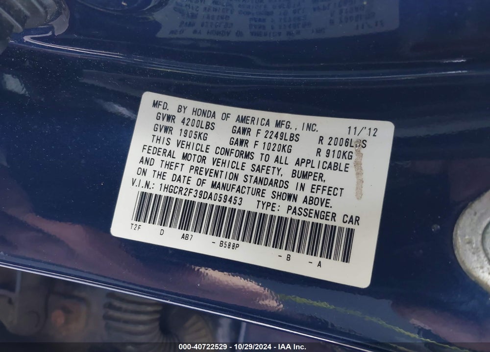 2013 HONDA ACCORD LX VIN: 1HGCR2F39DA059453