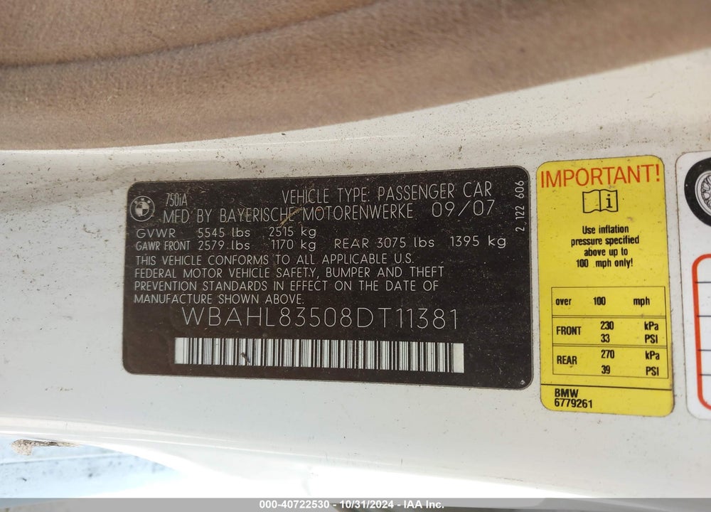 2008 BMW 750I VIN: WBAHL83508DT11381