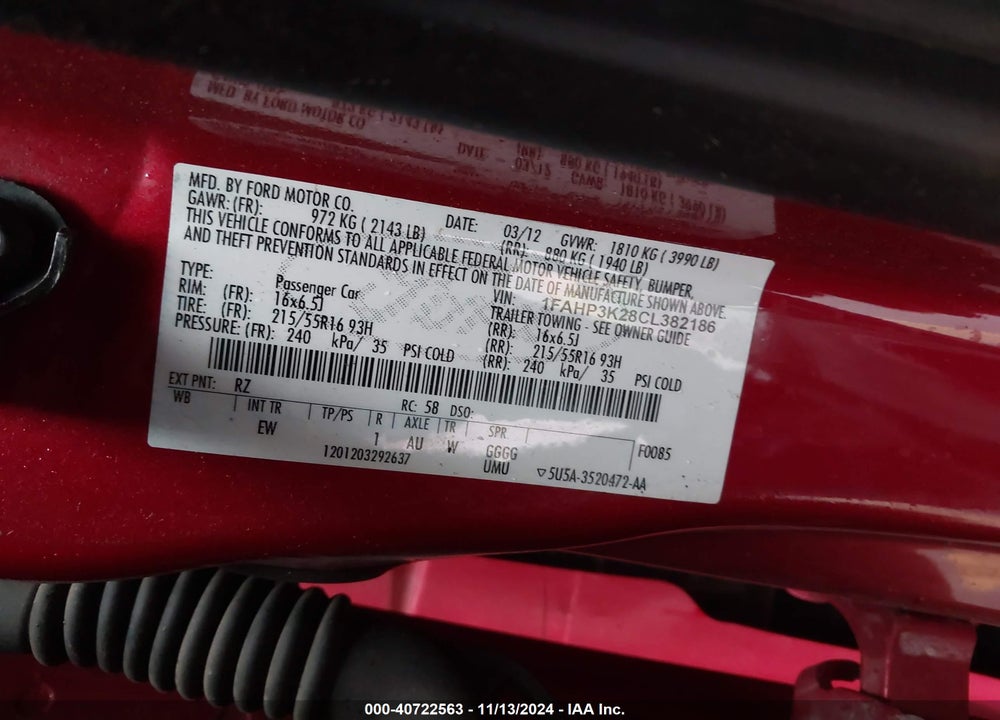 2012 FORD FOCUS SE VIN: 1FAHP3K28CL382186