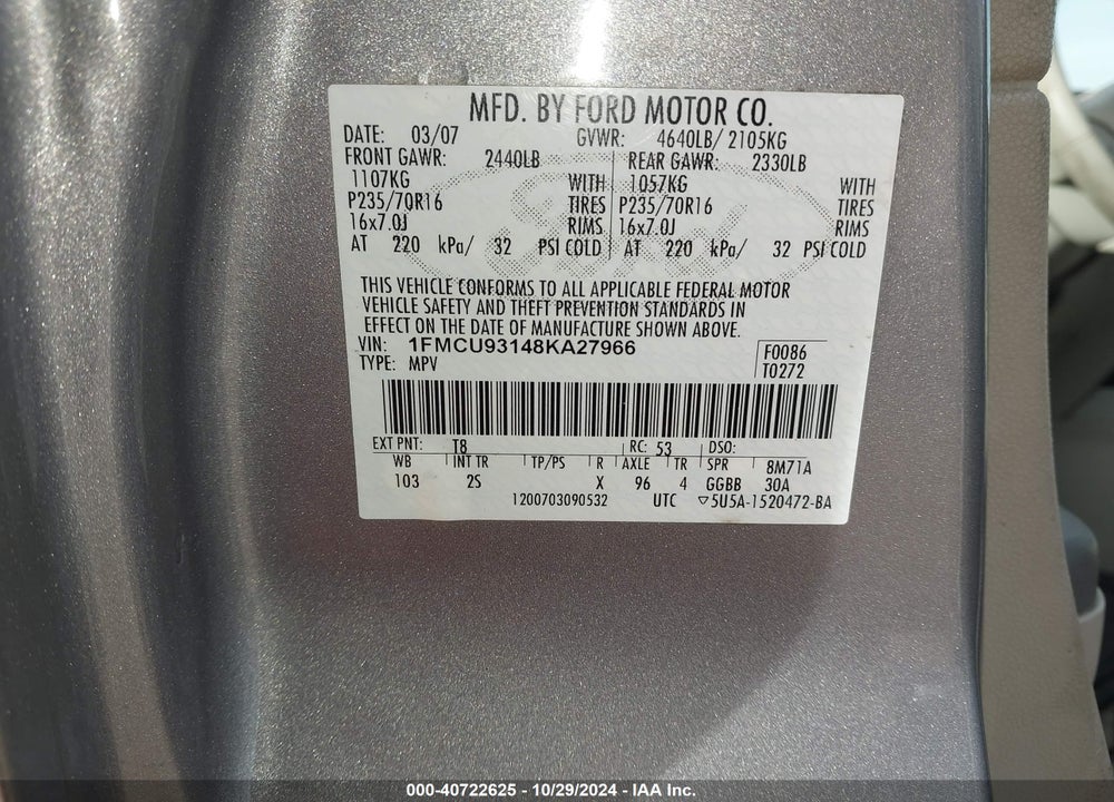 2008 FORD ESCAPE XLT VIN: 1FMCU93148KA27966