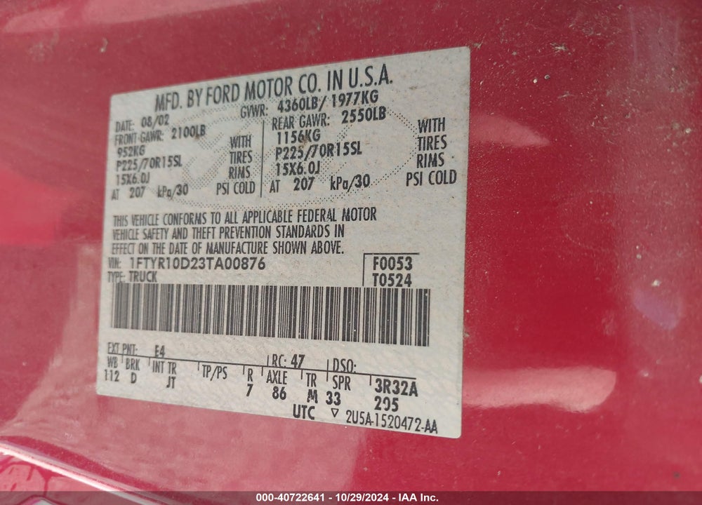 2003 FORD RANGER XL/XLT VIN: 1FTYR10D23TA00876