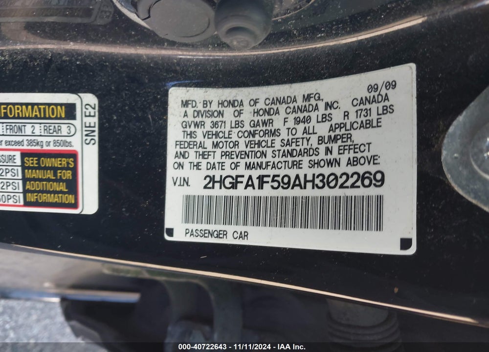 2010 HONDA CIVIC LX VIN: 2HGFA1F59AH302269