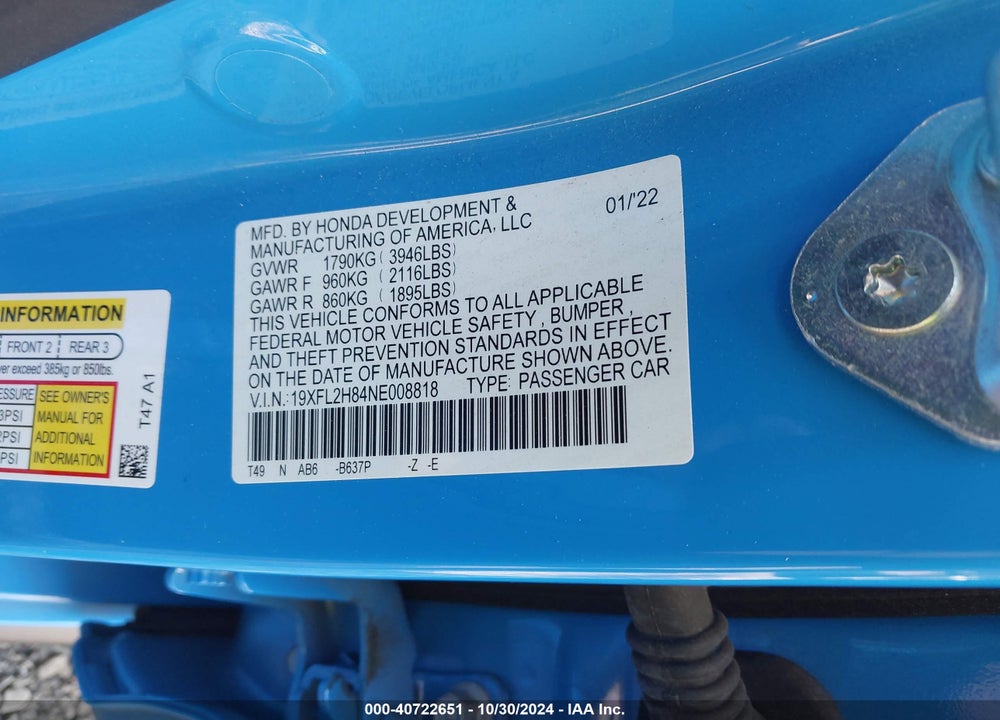 2022 HONDA CIVIC SPORT VIN: 19XFL2H84NE008818