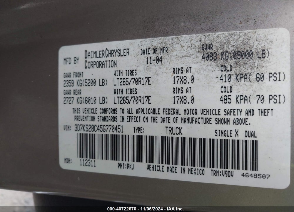 2005 DODGE RAM 2500 SLT/LARAMIE VIN: 3D7KS28C45G770451