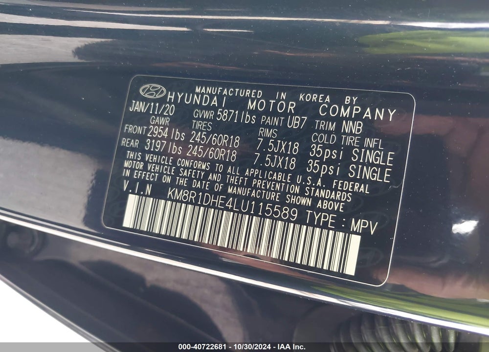 2020 HYUNDAI PALISADE SE VIN: KM8R1DHE4LU115589