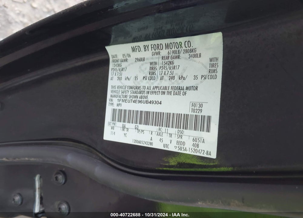 2006 FORD EXPLORER EDDIE BAUER VIN: 1FMEU74E96UB49304