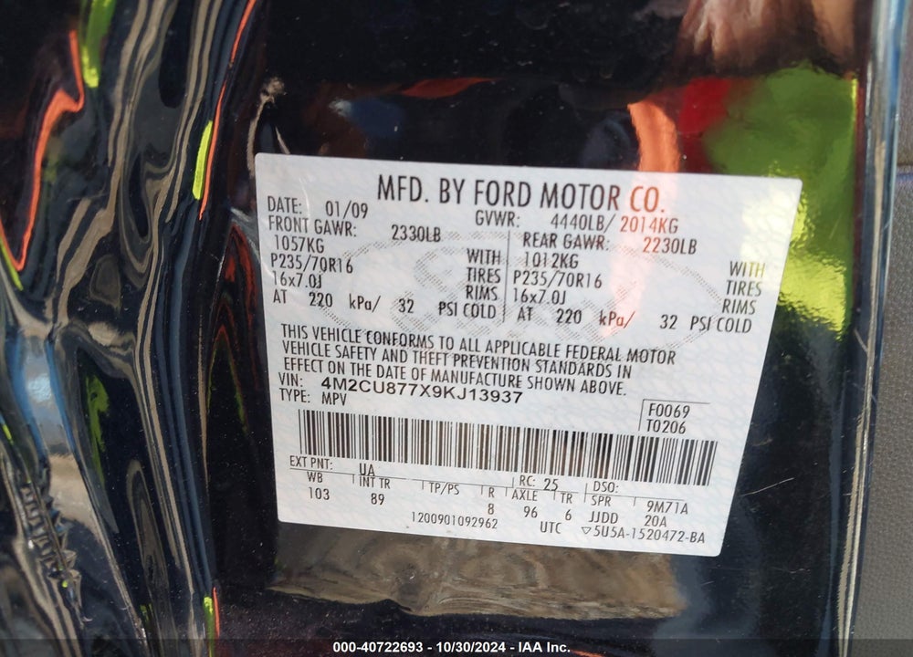 2009 MERCURY MARINER PREMIER VIN: 4M2CU877X9KJ13937