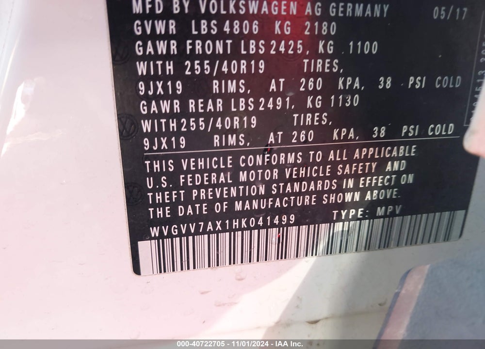 2017 VOLKSWAGEN TIGUAN 2.0T SEL VIN: WVGVV7AX1HK041499