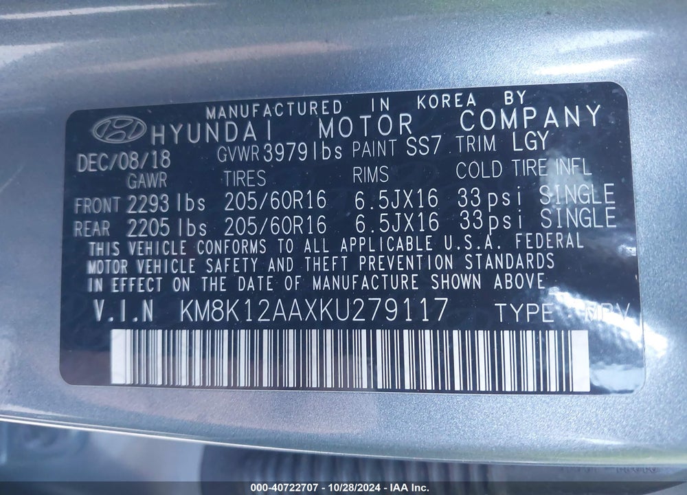 2019 HYUNDAI KONA SE VIN: KM8K12AAXKU279117