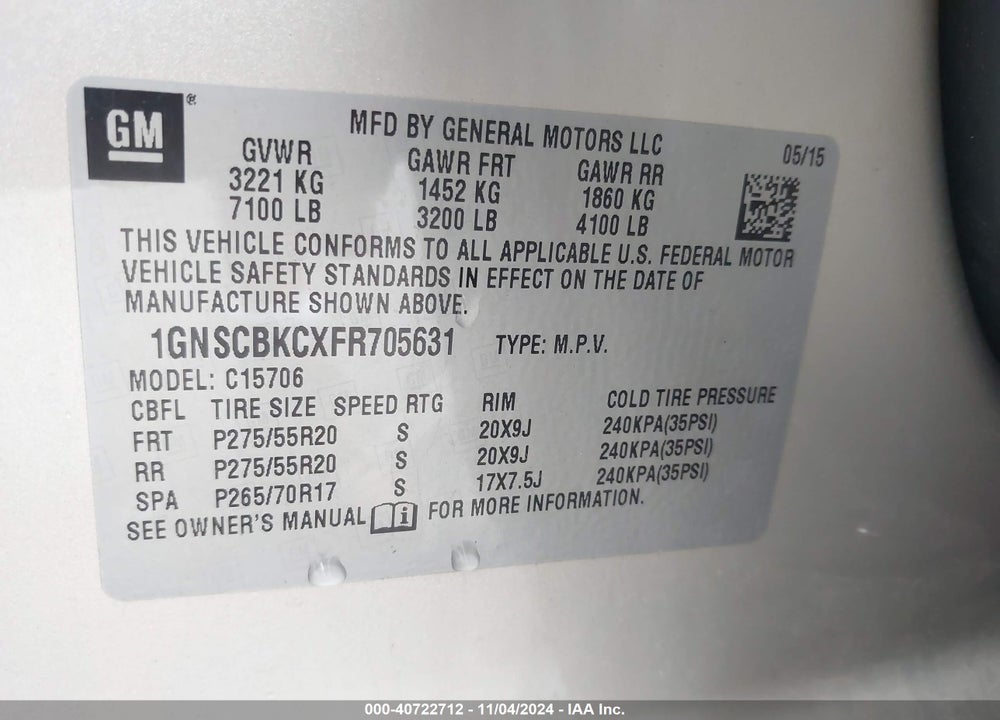 2015 CHEVROLET TAHOE LT VIN: 1GNSCBKCXFR705631