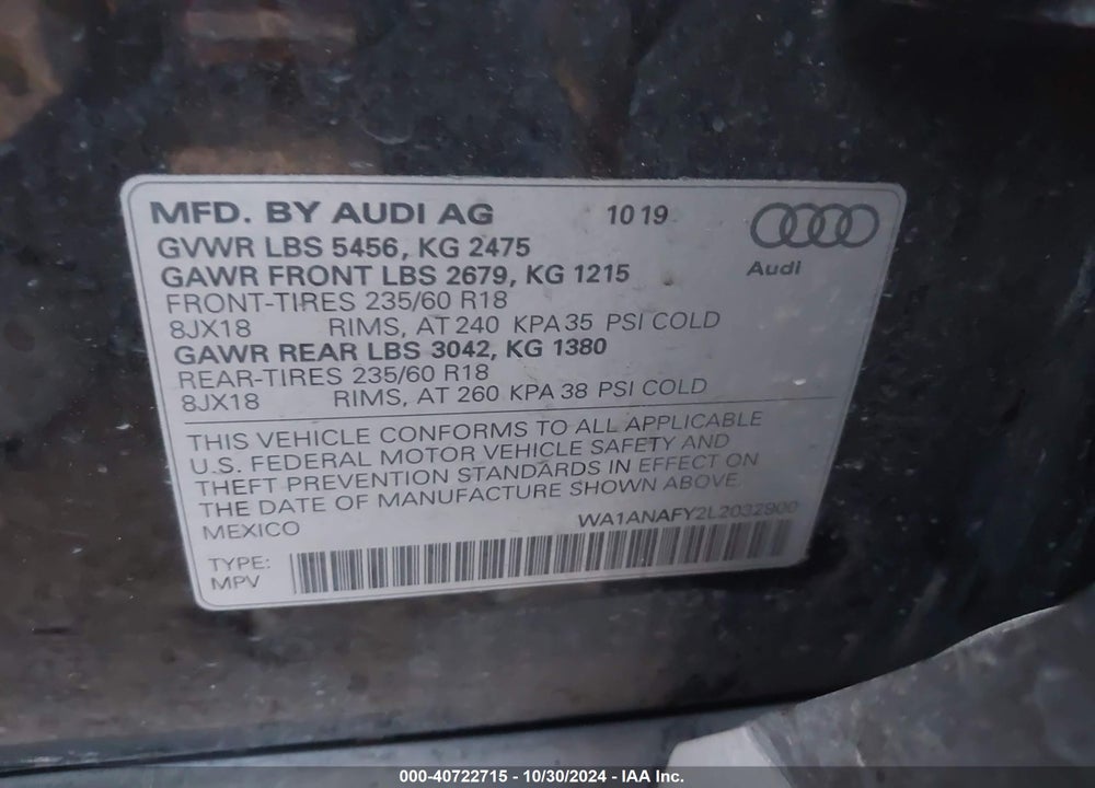 2020 AUDI Q5 PREMIUM 45 TFSI QUATTRO S TRONIC/TITANIUM PREMIUM 45 TFSI QUATTRO S TRONIC VIN: WA1ANAFY2L2032900