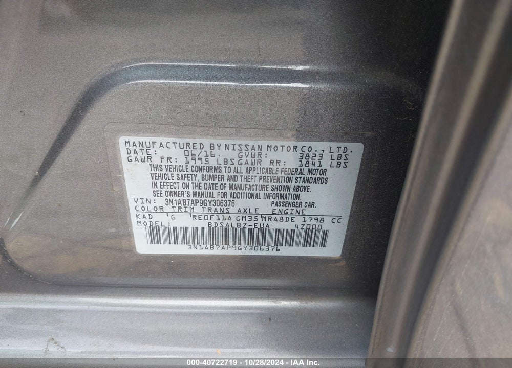 2016 NISSAN SENTRA S VIN: 3N1AB7AP9GY306376