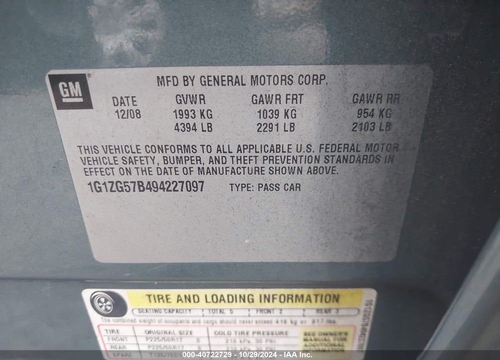 2009 CHEVROLET MALIBU LS VIN: 1G1ZG57B494227097