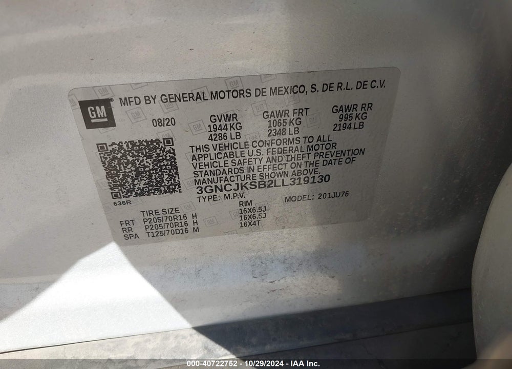 2020 CHEVROLET TRAX FWD LS VIN: 3GNCJKSB2LL319130