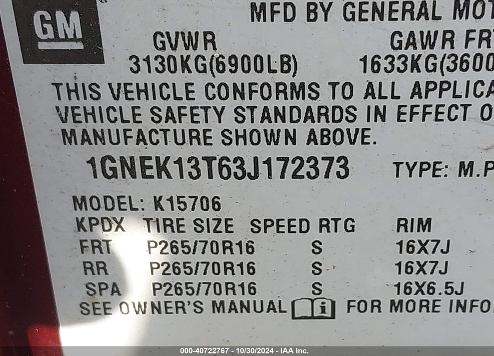 2003 CHEVROLET TAHOE LT VIN: 1GNEK13T63J172373