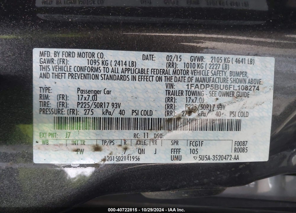 2015 FORD C-MAX HYBRID SEL VIN: 1FADP5BU6FL108274