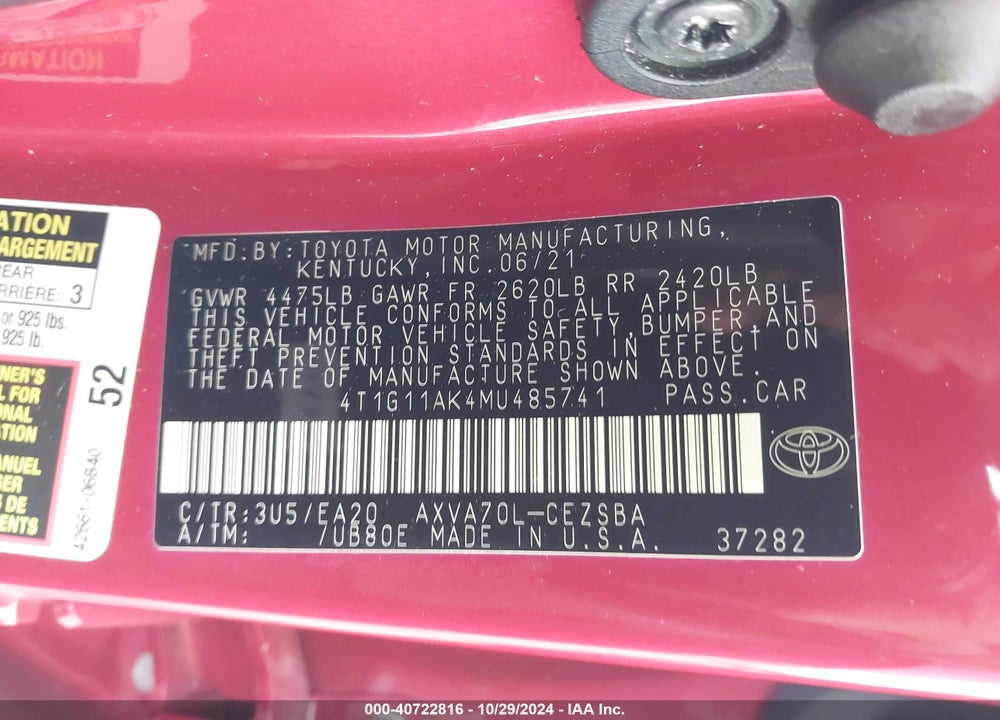 2021 TOYOTA CAMRY SE VIN: 4T1G11AK4MU485741