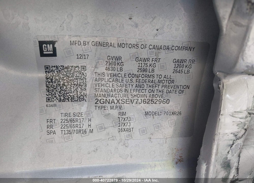 2018 CHEVROLET EQUINOX LT VIN: 2GNAXSEV7J6252960