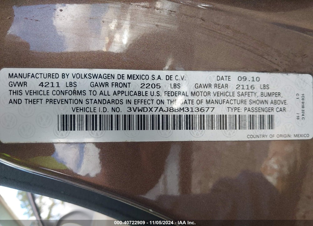 2011 VOLKSWAGEN JETTA 2.5L SE VIN: 3VWDX7AJ8BM313677