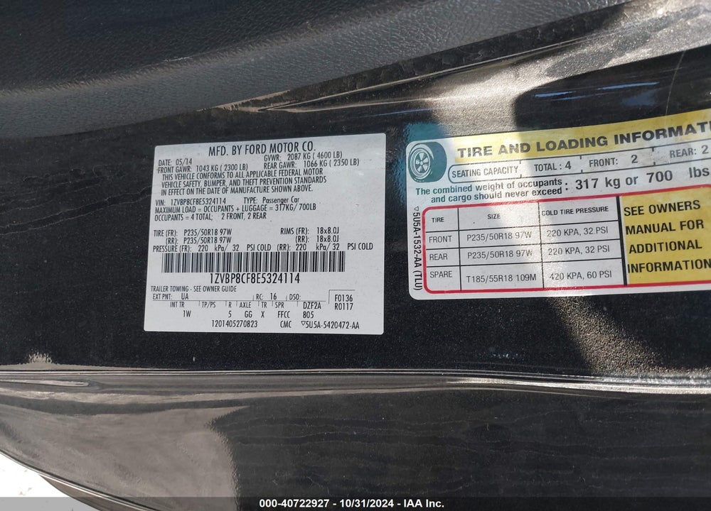 2014 FORD MUSTANG GT VIN: 1ZVBP8CF8E5324114