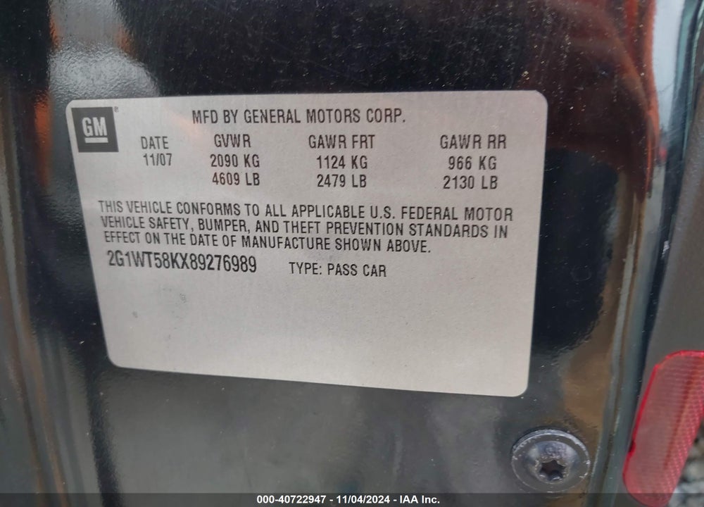 2008 CHEVROLET IMPALA LT VIN: 2G1WT58KX89276989