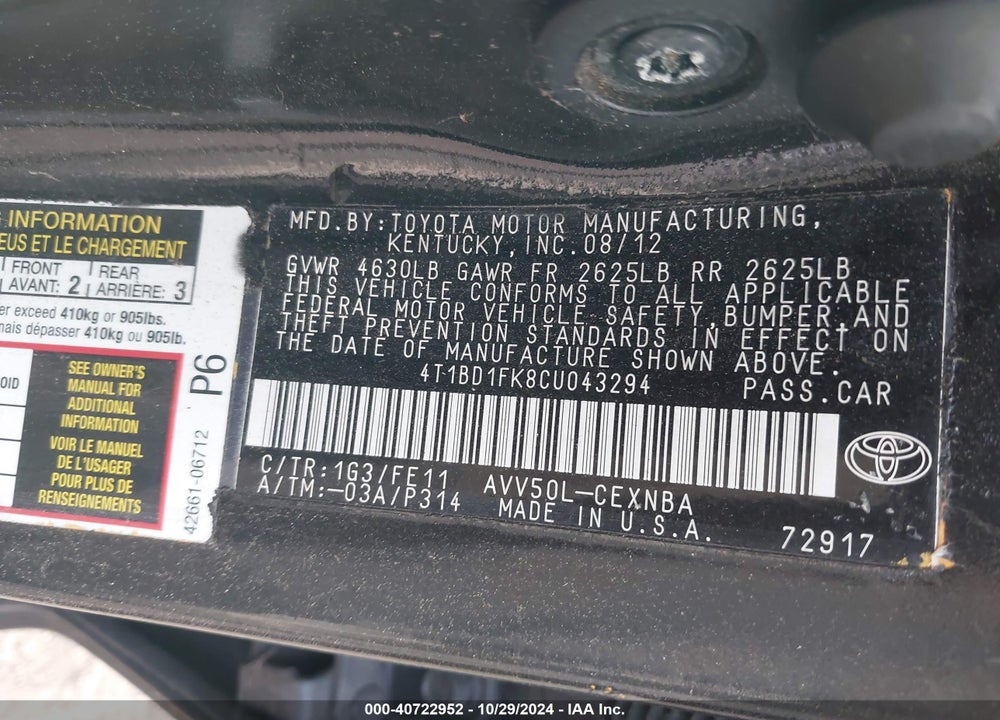 2012 TOYOTA CAMRY HYBRID LE VIN: 4T1BD1FK8CU043294