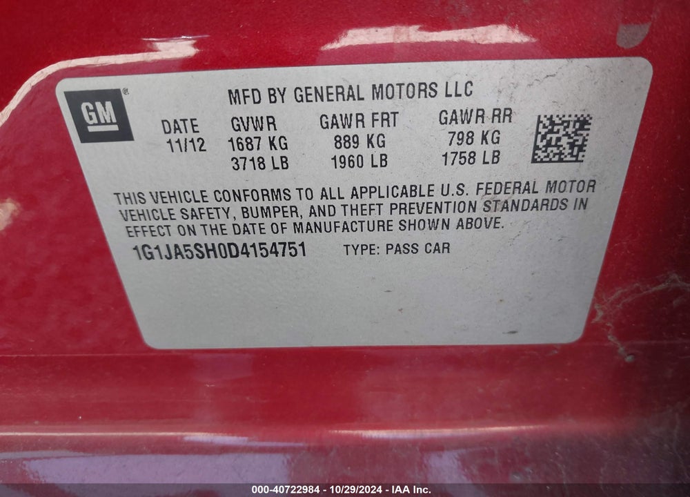 2013 CHEVROLET SONIC LS AUTO VIN: 1G1JA5SH0D4154751