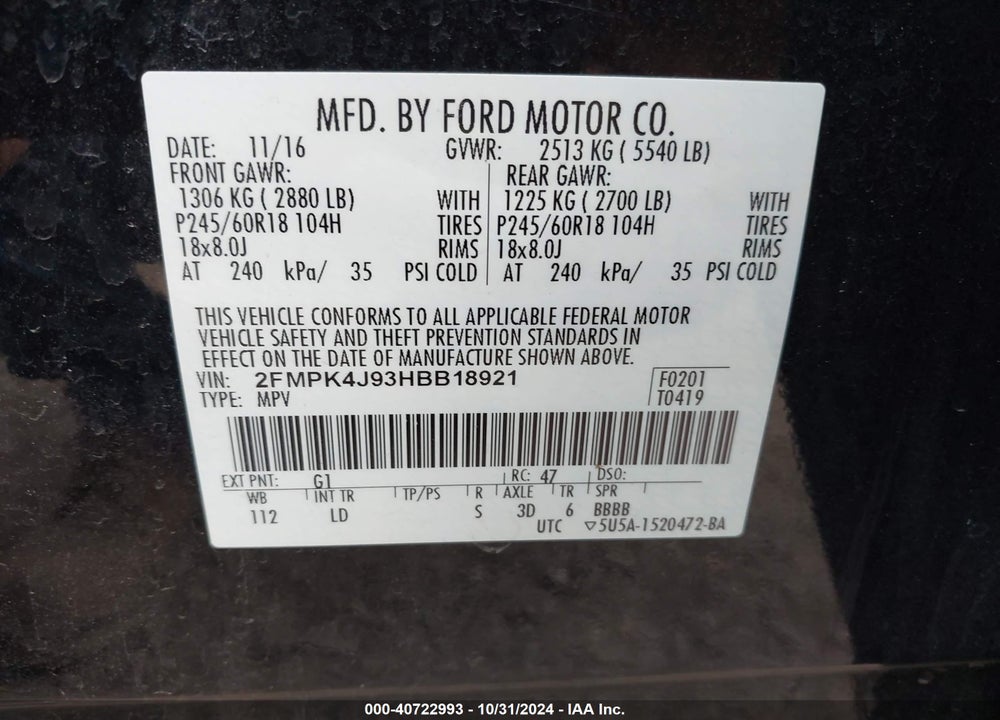 2017 FORD EDGE VIN: 2FMPK4J93HBB18921