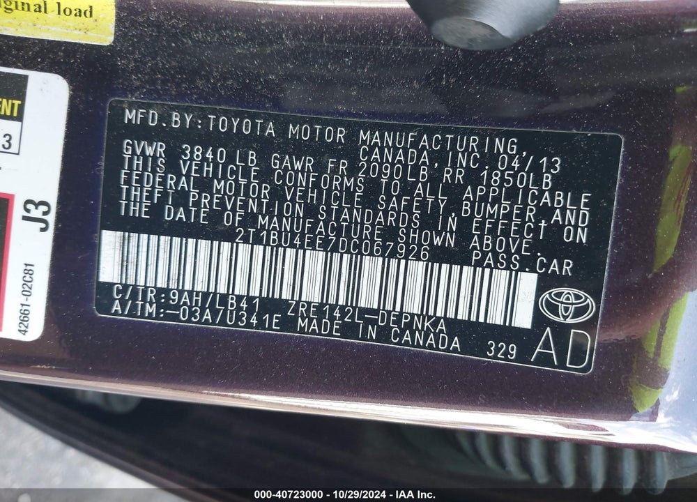 2013 TOYOTA COROLLA LE SPECIAL EDITION VIN: 2T1BU4EE7DC067926