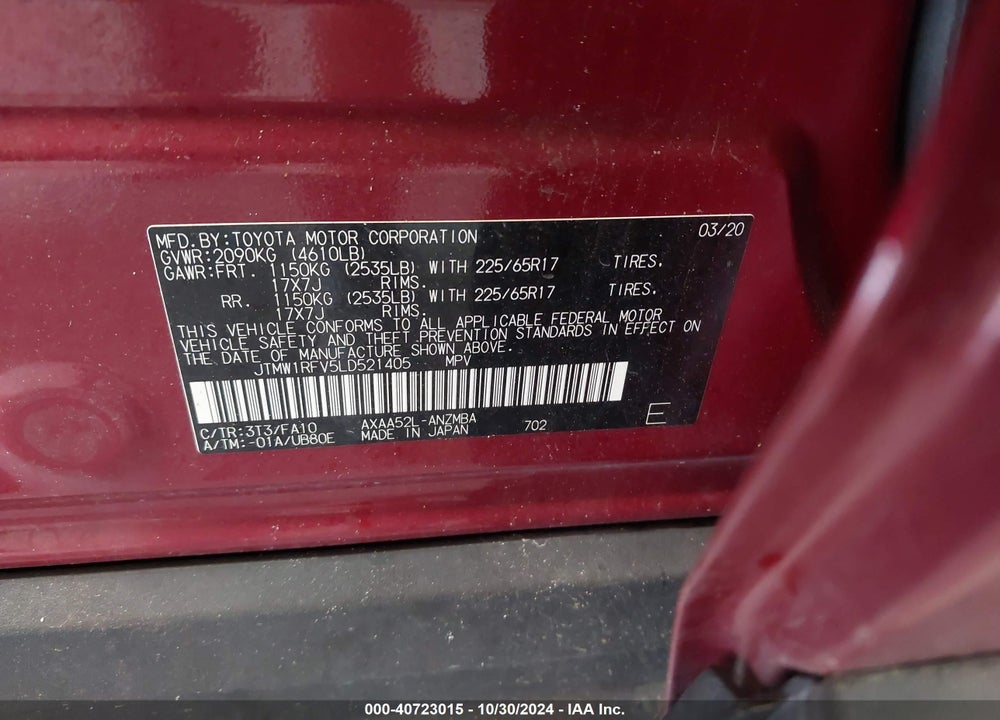 2020 TOYOTA RAV4 XLE VIN: JTMW1RFV5LD521405
