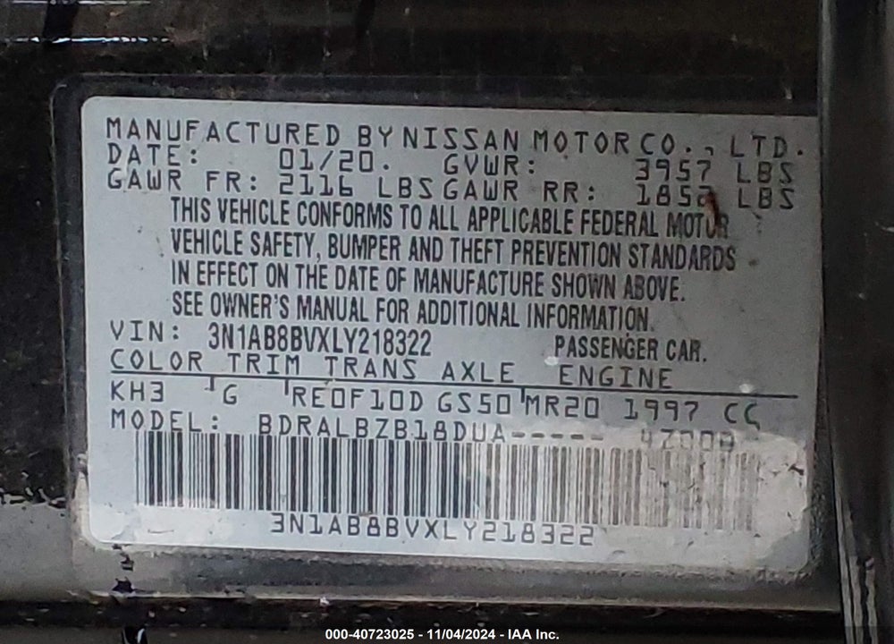 2020 NISSAN SENTRA S XTRONIC CVT VIN: 3N1AB8BVXLY218322