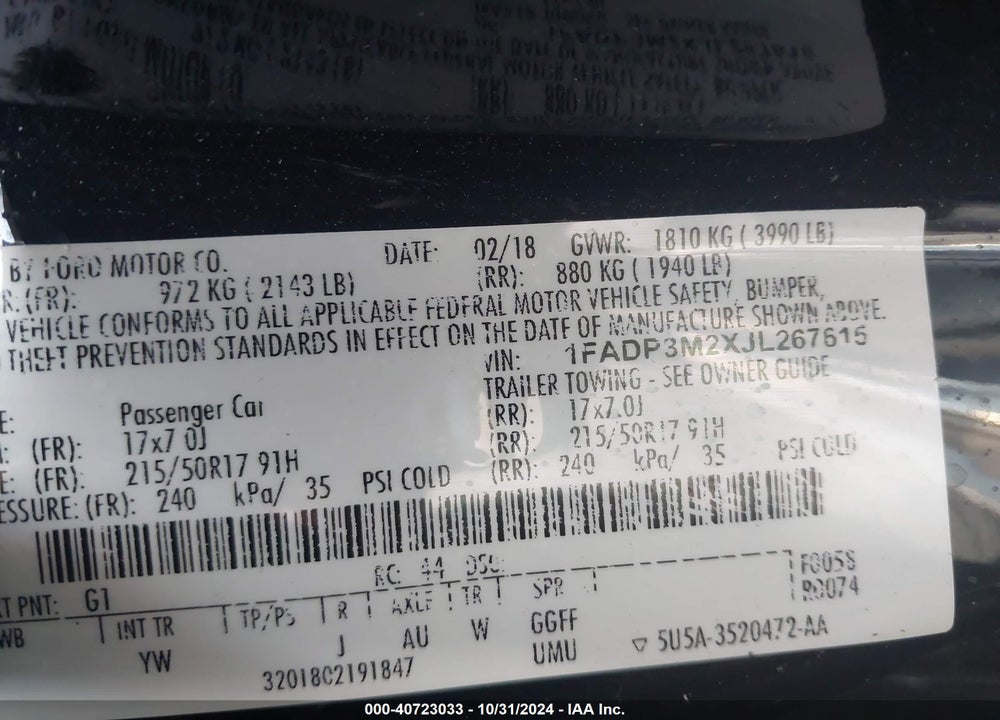 2018 FORD FOCUS SEL VIN: 1FADP3M2XJL267615