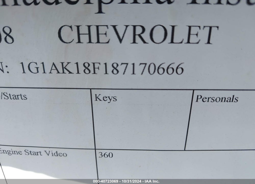 2008 CHEVROLET COBALT LS VIN: 1G1AK18F187170666