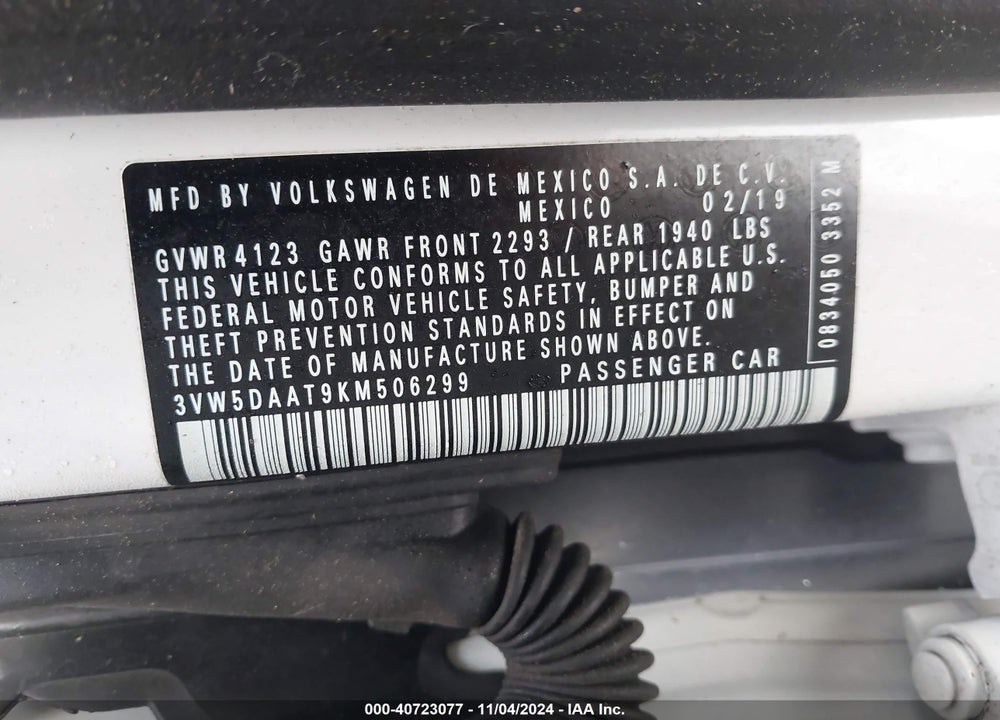 2019 VOLKSWAGEN BEETLE VIN: 3VW5DAAT9KM506299