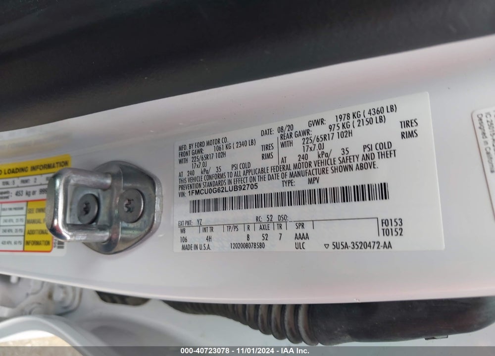 2020 FORD ESCAPE SE VIN: 1FMCU0G62LUB92705