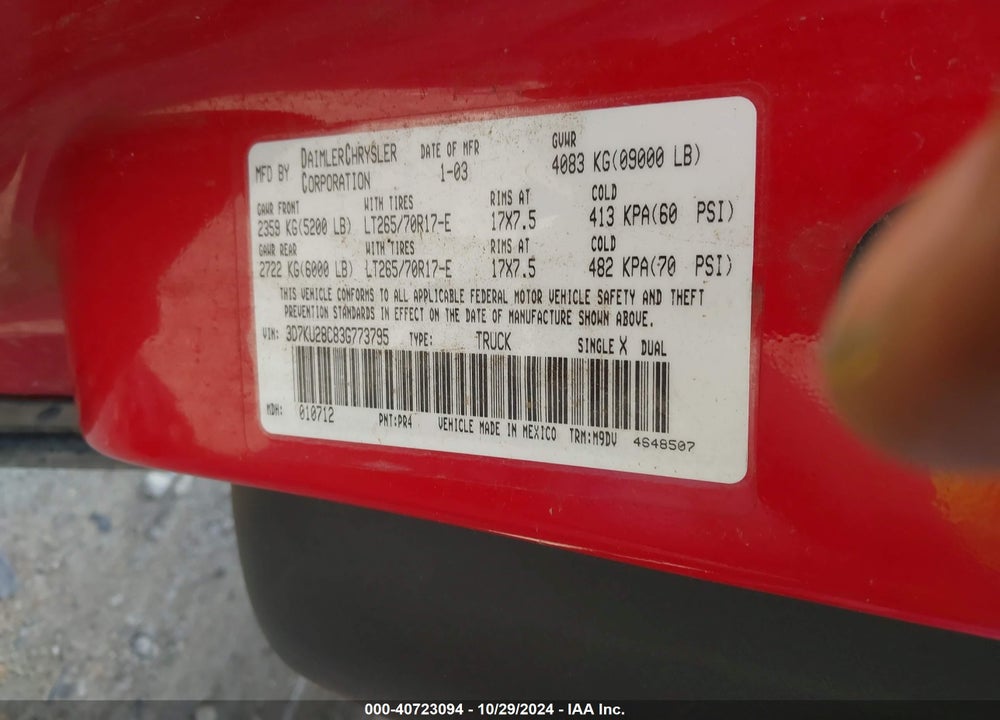 2003 DODGE RAM 2500 SLT/LARAMIE/ST VIN: 3D7KU28C83G773795