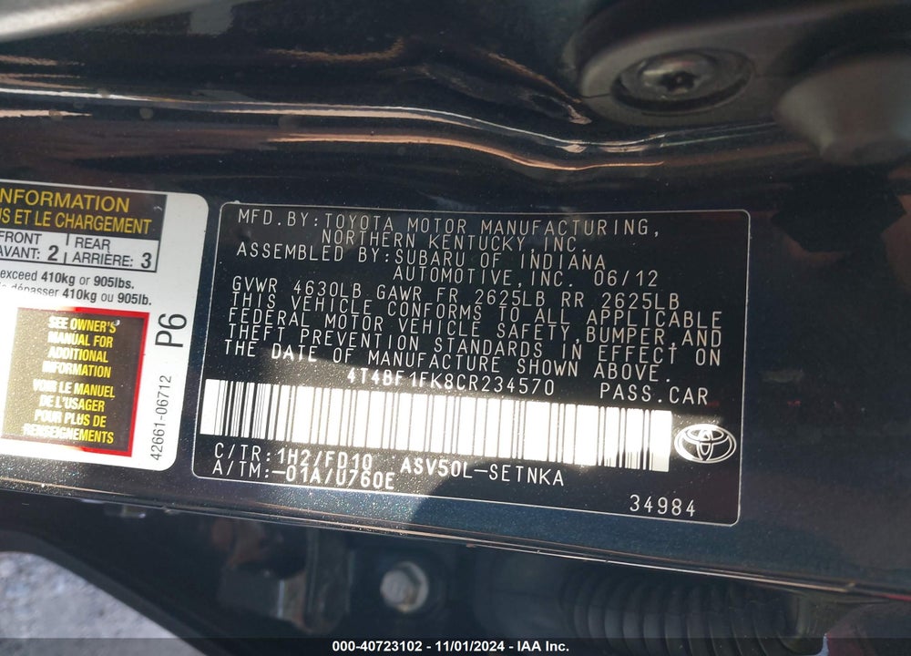 2012 TOYOTA CAMRY LE VIN: 4T4BF1FK8CR234570