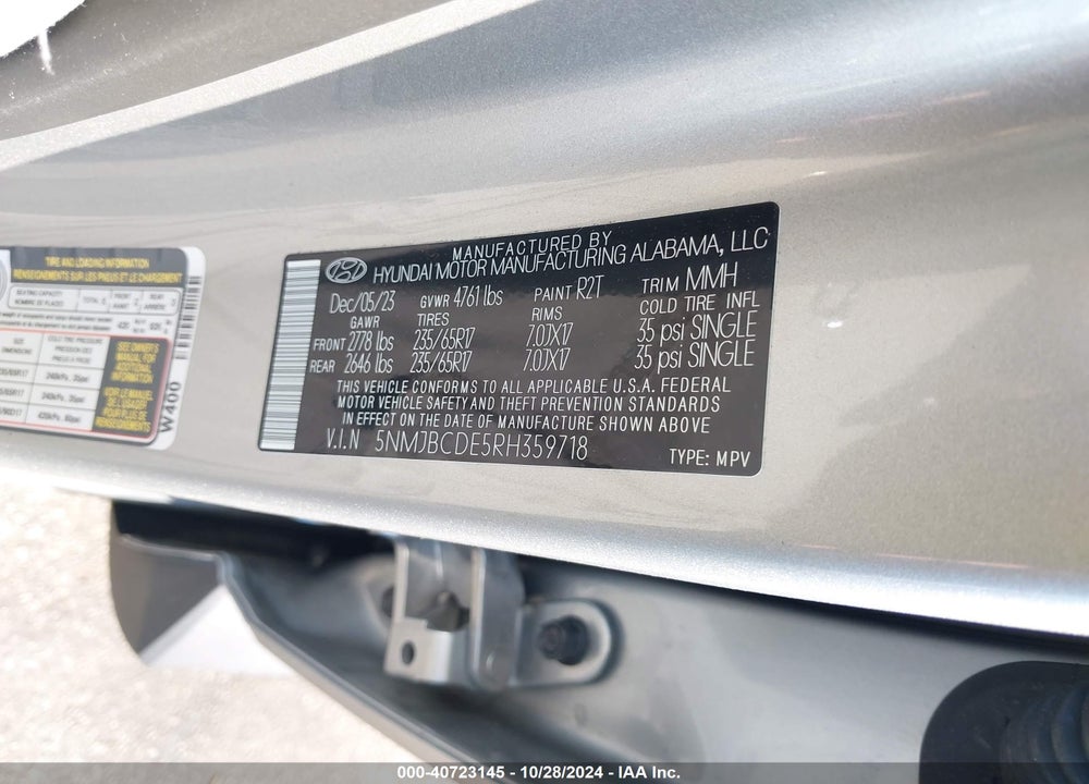 2024 HYUNDAI TUCSON SEL VIN: 5NMJBCDE5RH359718