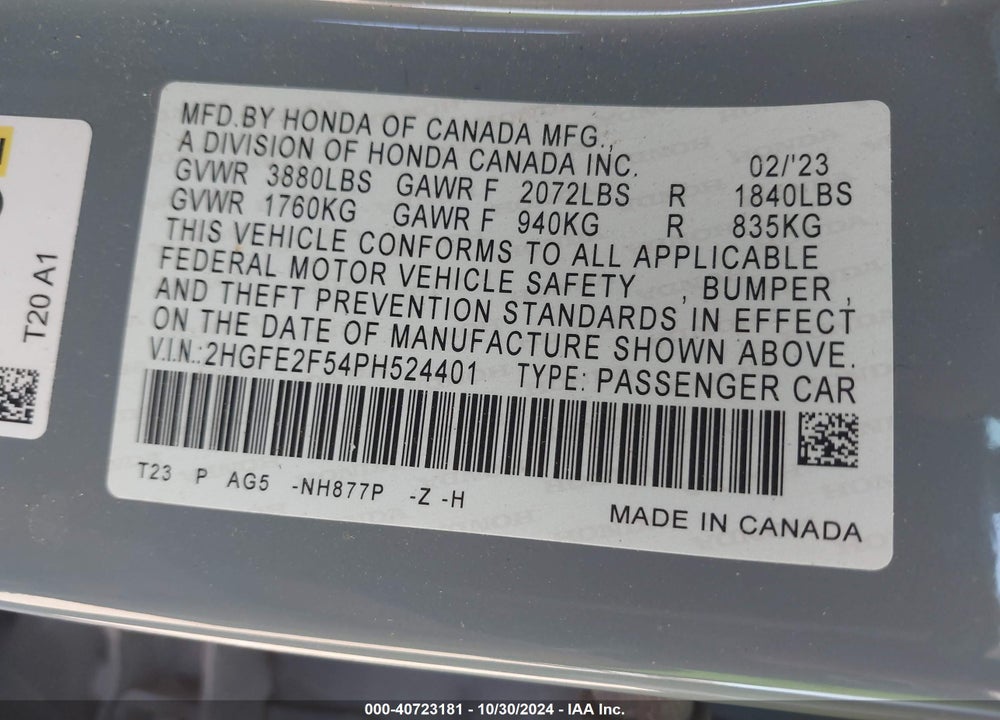2023 HONDA CIVIC SPORT VIN: 2HGFE2F54PH524401