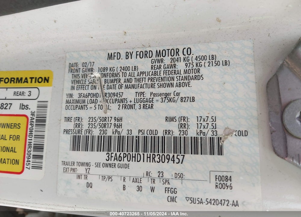 2017 FORD FUSION SE VIN: 3FA6P0HD1HR309457