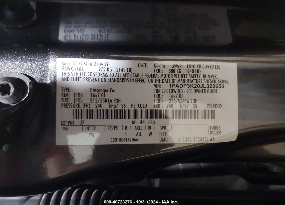 2018 FORD FOCUS SE VIN: 1FADP3K20JL320650
