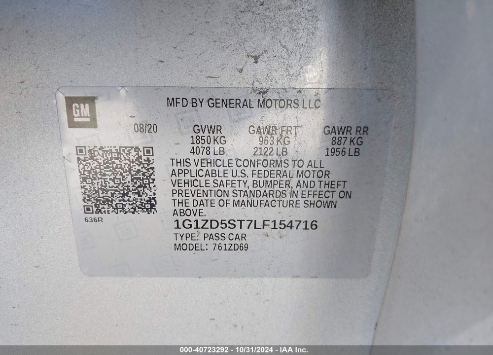 2020 CHEVROLET MALIBU FWD LT VIN: 1G1ZD5ST7LF154716