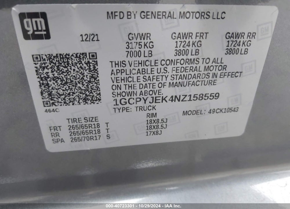 2022 CHEVROLET SILVERADO 1500 LTD 4WD  SHORT BED LT WITH 2FL VIN: 1GCPYJEK4NZ158559