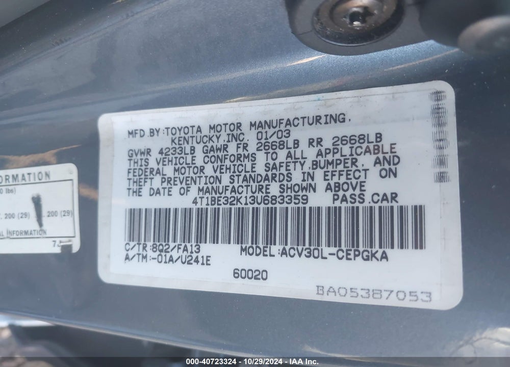 2003 TOYOTA CAMRY XLE VIN: 4T1BE32K13U683359