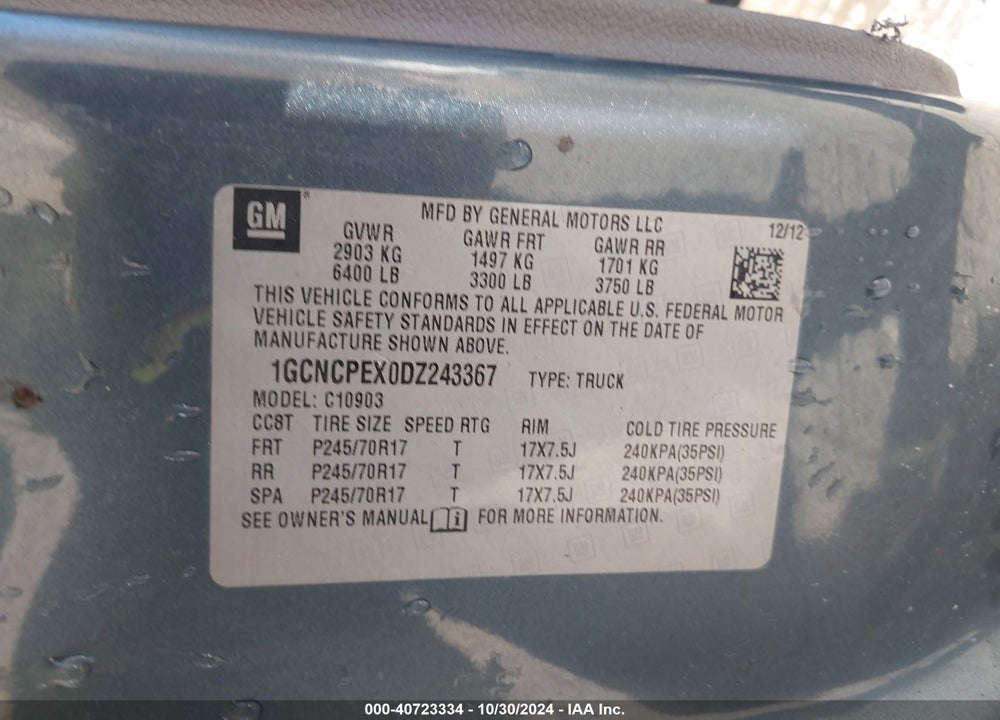 2013 CHEVROLET SILVERADO 1500 WORK TRUCK VIN: 1GCNCPEX0DZ243367