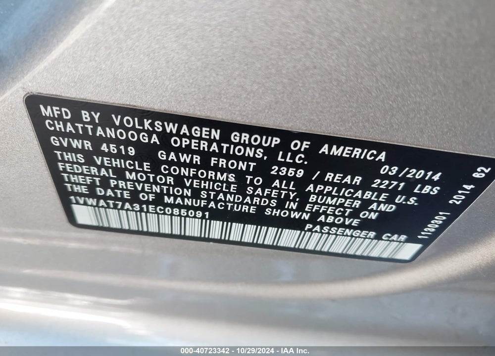 2014 VOLKSWAGEN PASSAT 1.8T WOLFSBURG EDITION VIN: 1VWAT7A31EC085091